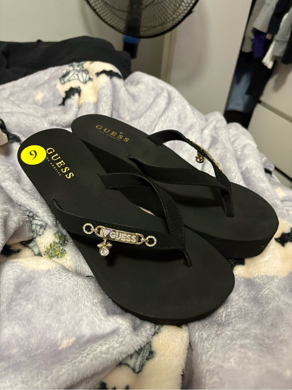 GUESS Black Rhinestone Logo Thong Sandals